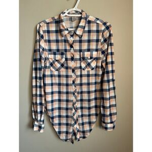 Passport Plaid Button Up Tie Front Roll Tab Sleeve Shirt Navy Peach Medium Y2K